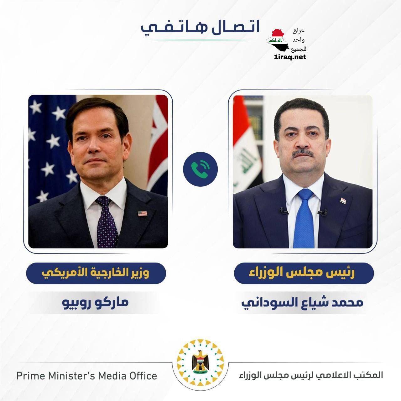رئيس مجلس الوزراء، محمد شياع السوداني، تلقى اتصالاً هاتفياً من وزير الخارجية الأمريكي، ماركو روبيو