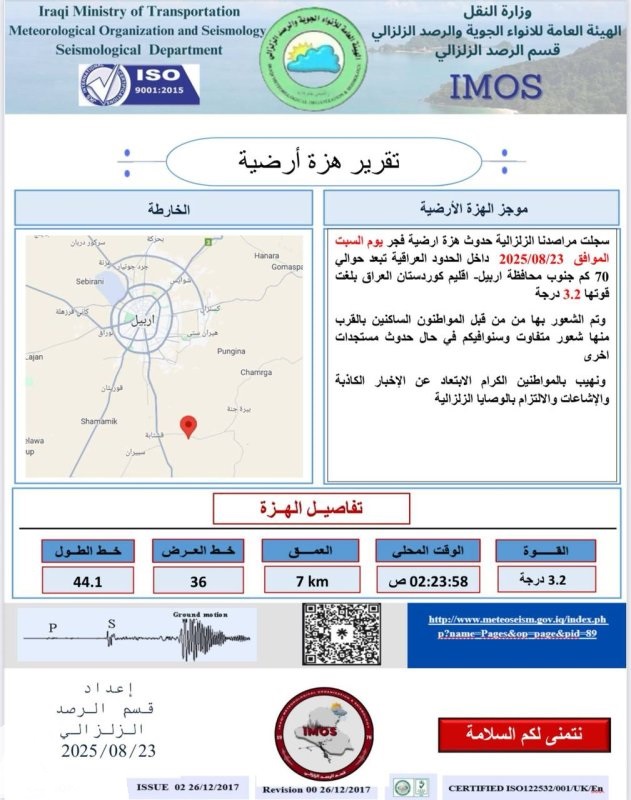 هزة أرضية بقوة 3.2 درجات جنوب أربيل
